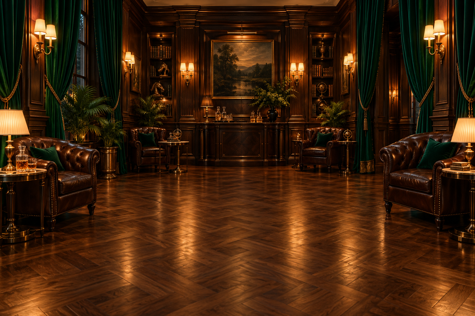 An intimate walnut-paneled club room with emerald curtains, leather armchairs, and warm brass lamps