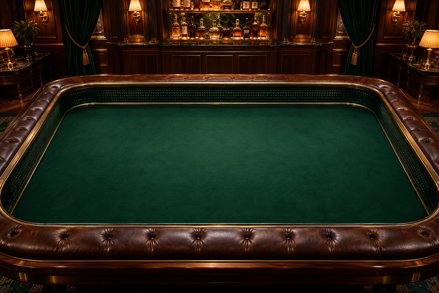 A leather-railed emerald craps table in the Crooked Stylez walnut and brass dice room